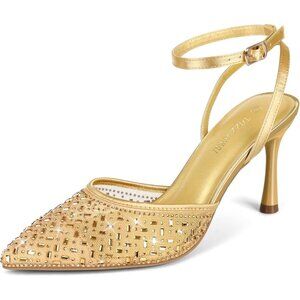 🆕Pizz Annu Women's Gold Closed Toe Mesh Sparkly Ankle Strap Cienna High Heels